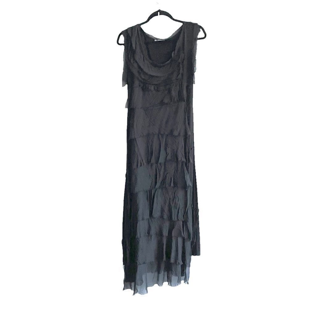 MADE IN ITALY Black Silk Sleeveless Layered Tiered Midi Maxi Dress XS